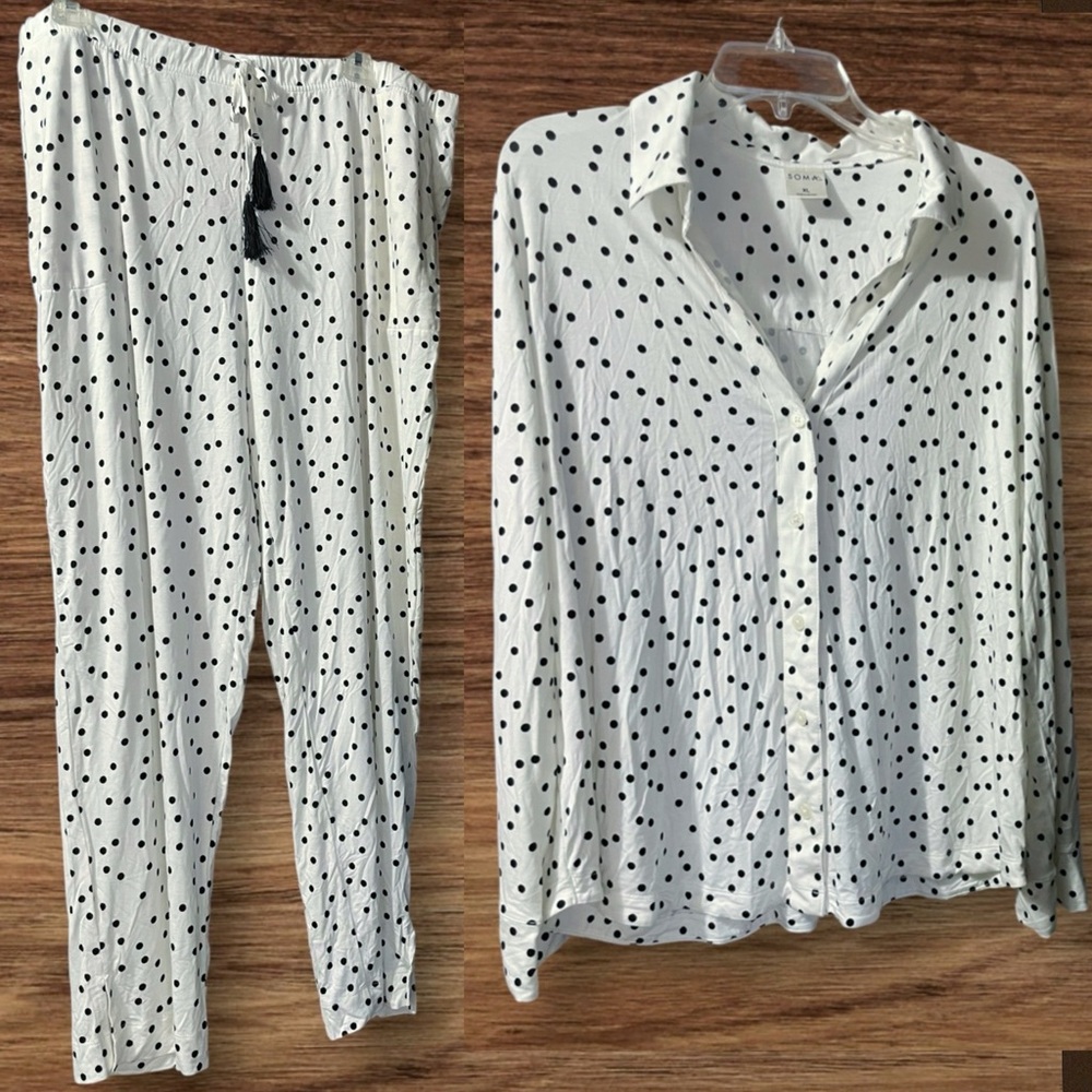 Soma rayon spandex pajama set Long-sleeve Collared top & bottoms polka dot sz XL